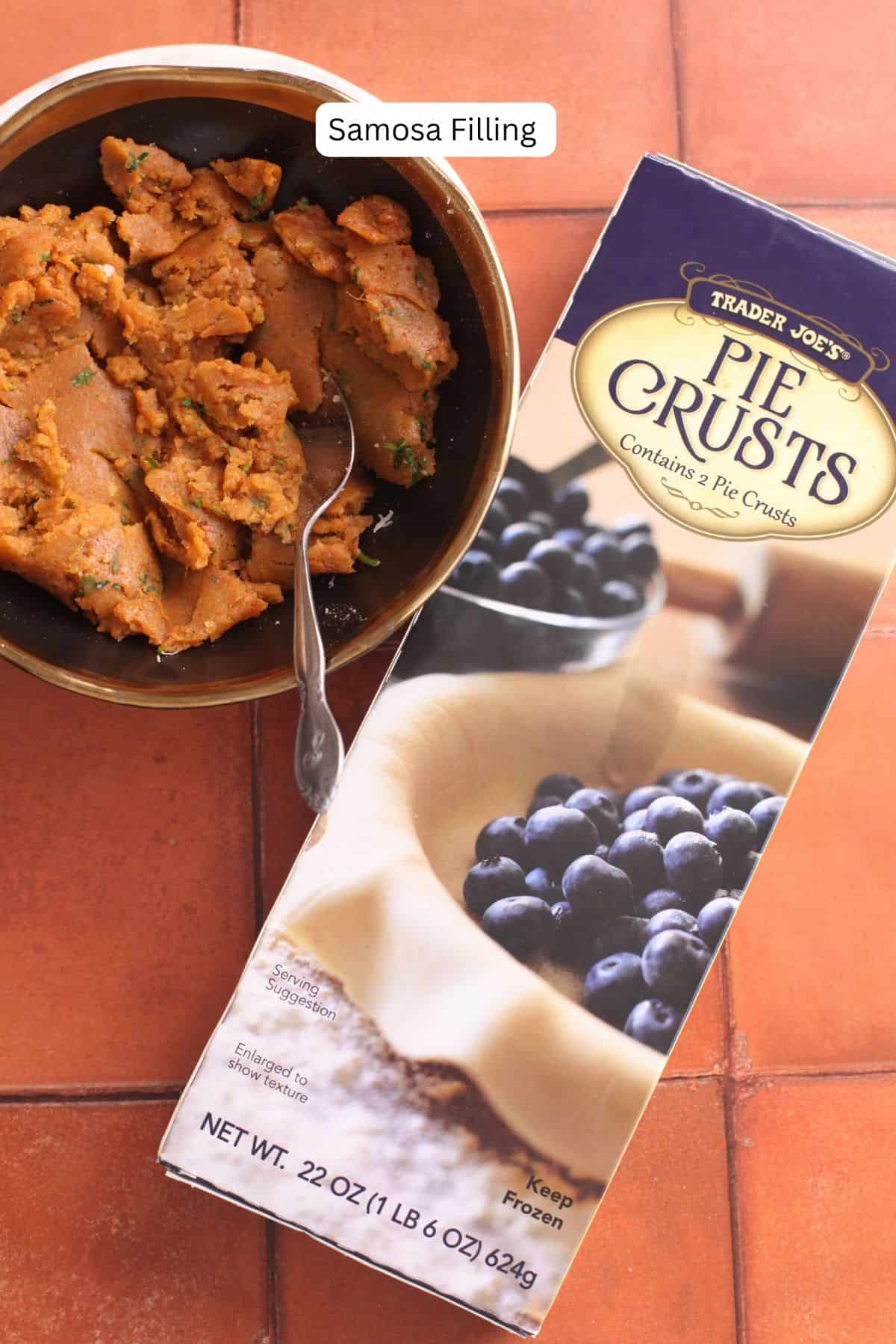 Samosa filling and box of pie crusts.