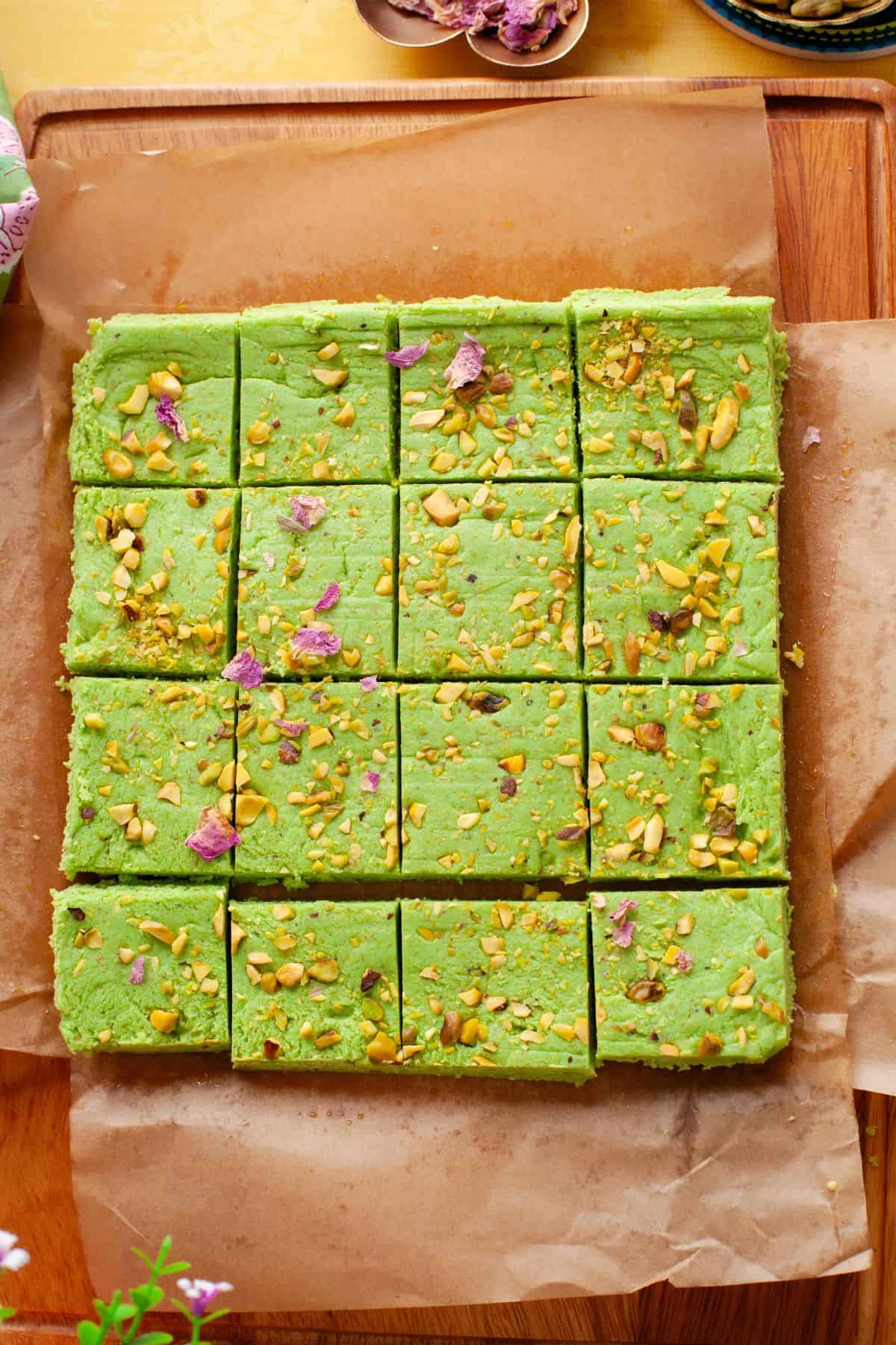 Set pista burfi mixture cut into squares.