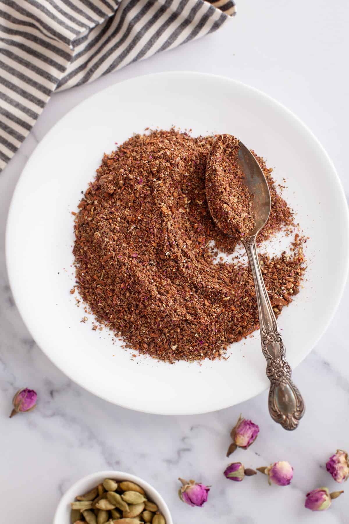Biryani Masala Powder in a white plate. 