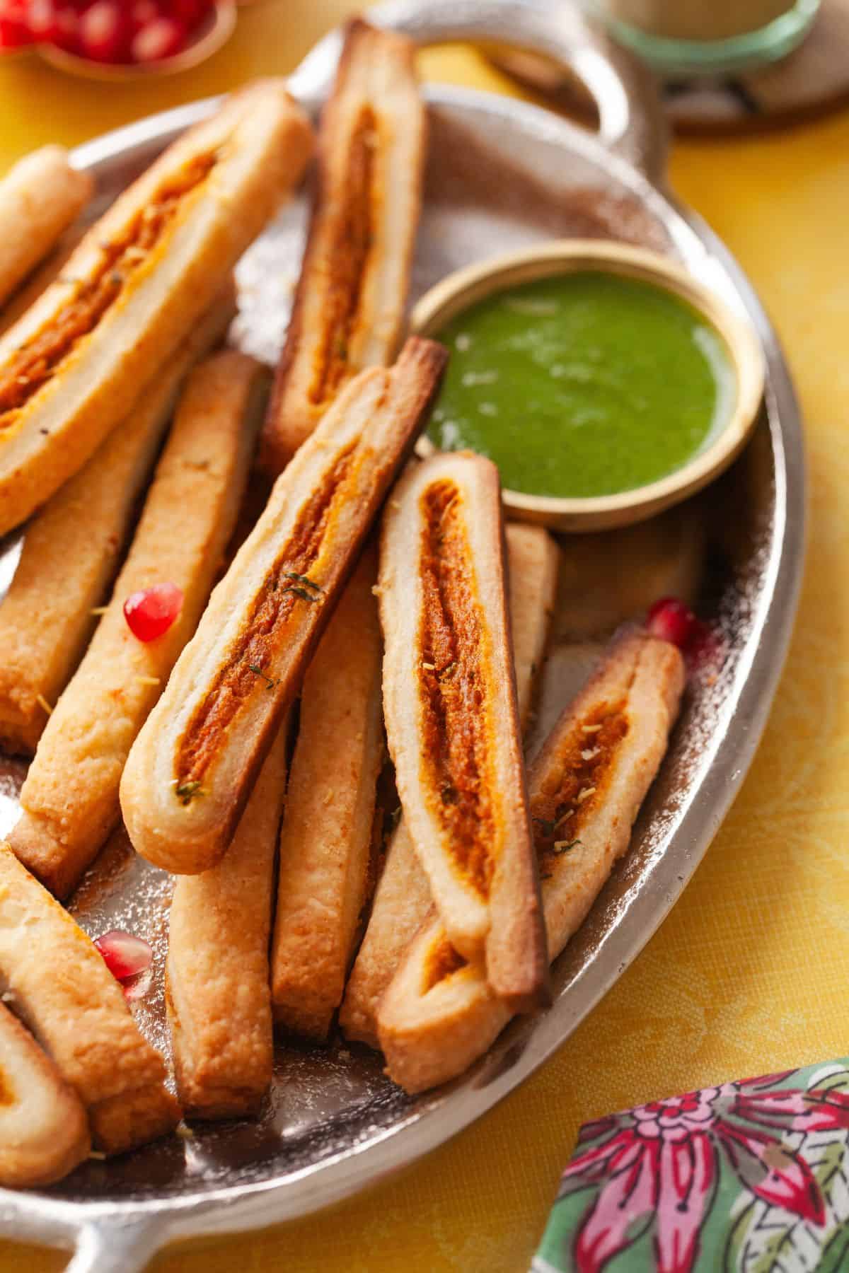 Close up of samosa Sticks.