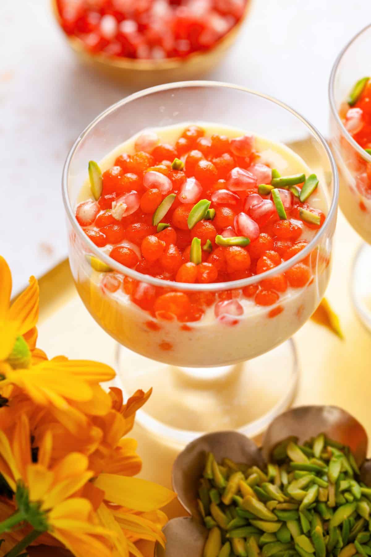 Close up of boondi custard dessert cup. 