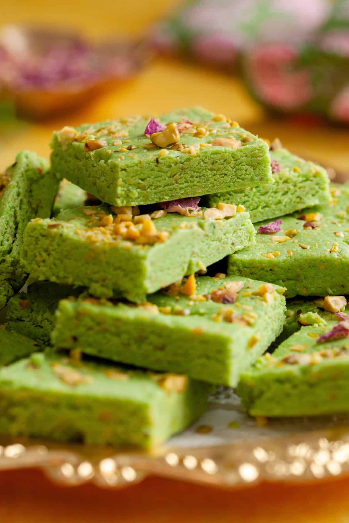 close up image of pistachio burfi.