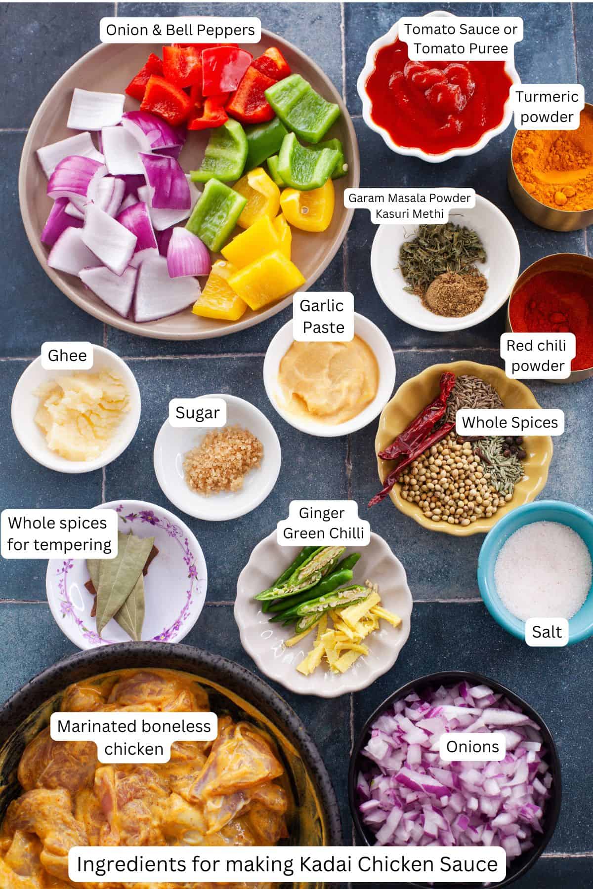 Ingredients needed to make kadai sauce.