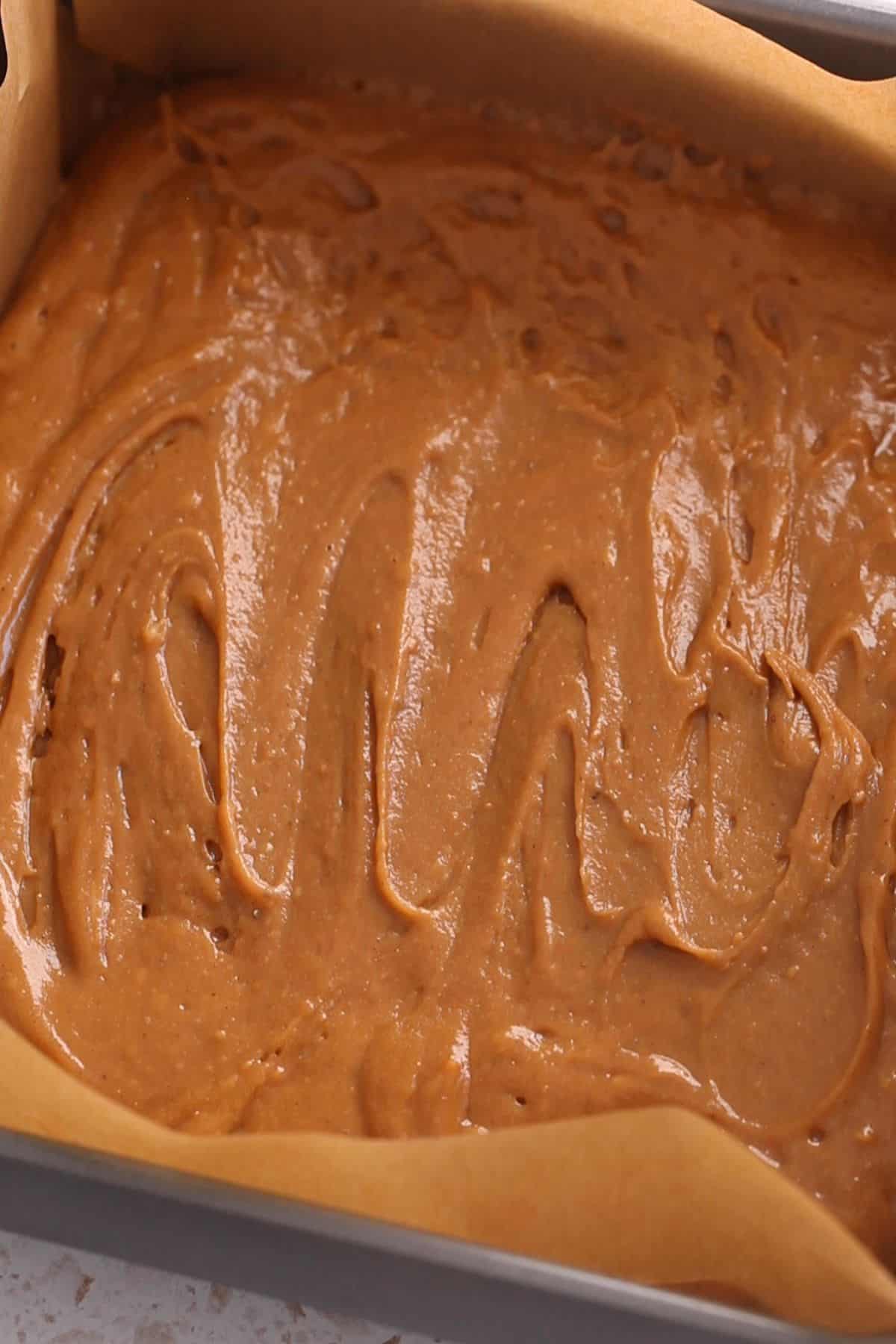 Cake batter is smoothened out.