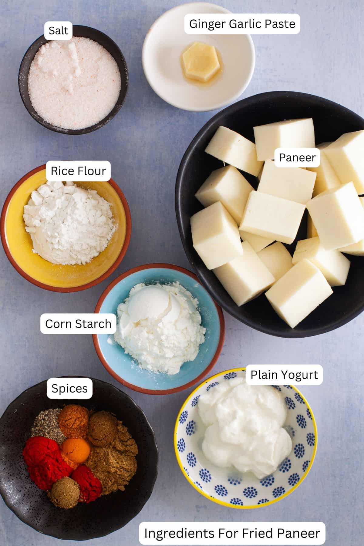 Ingredients needed to deep fry paneer placed on a light blue background.
