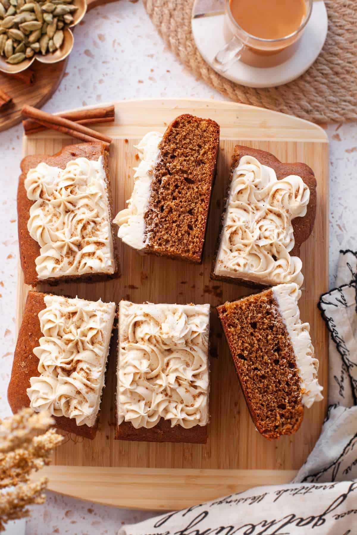 Chai cake is cut up into 6 portions.