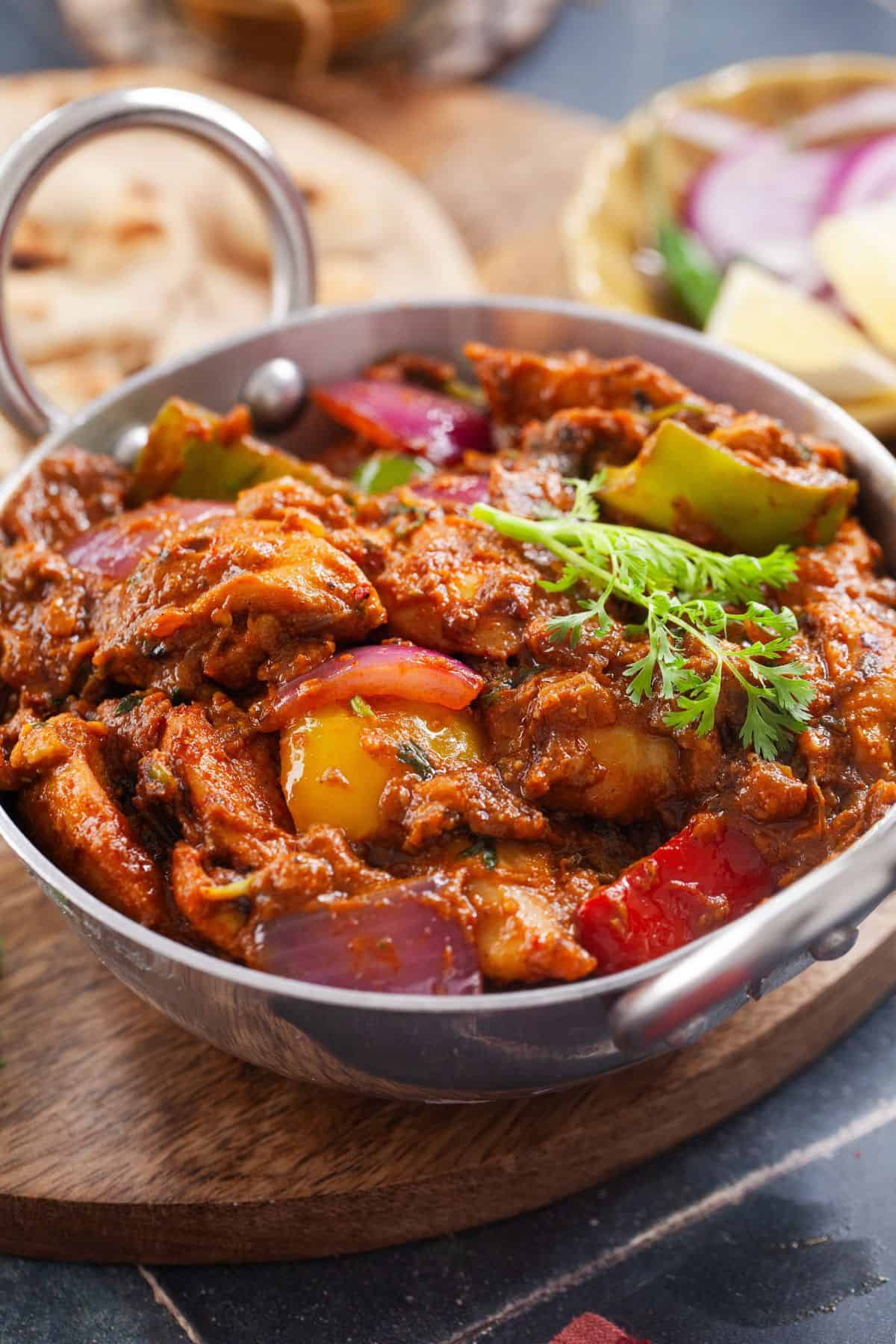 Close up of Punjabi kadai chicken curry.