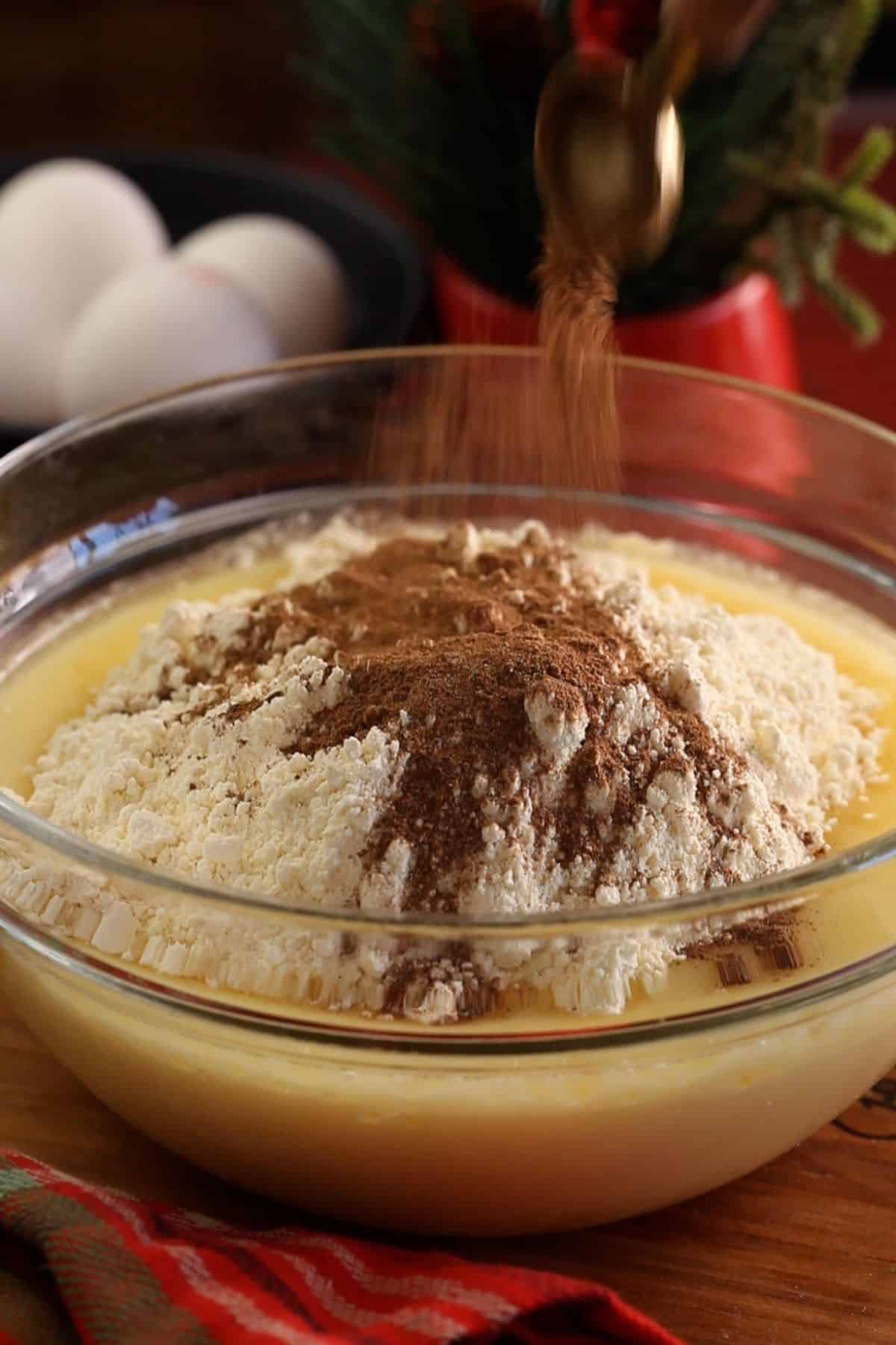 Cake flour mixture and gingerbread spice blended is added to the dry ingredients.