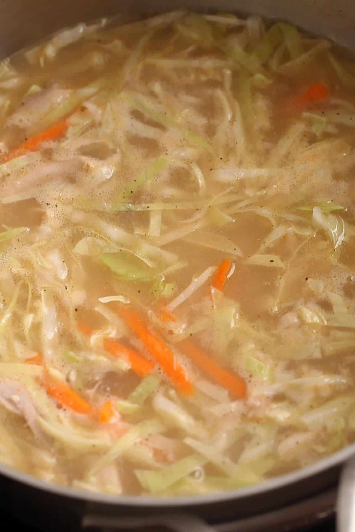 Chicken soup with cilantro is simmering in a steel pot.