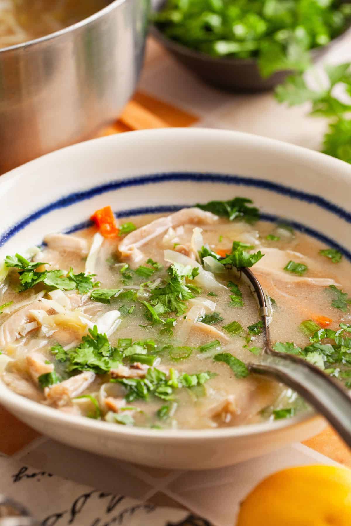 Side View of lemon coriander chicken soup.