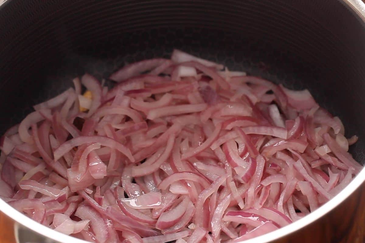 Onions are cooked until sweaty in oil.