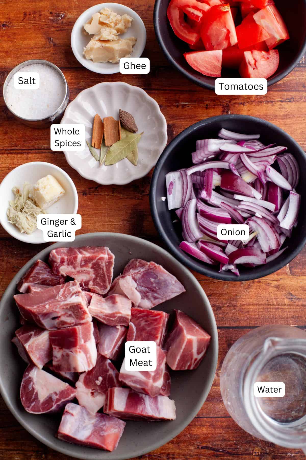 Ingredients needed to boil goat meat.
