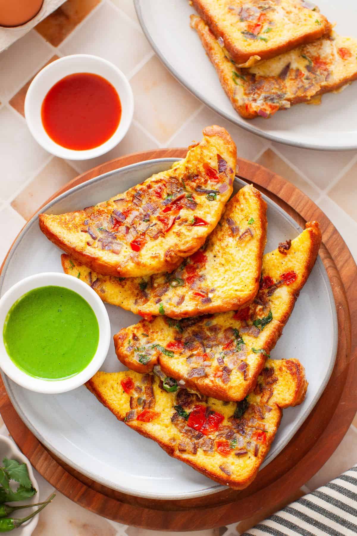 Closeup of savory french toast.