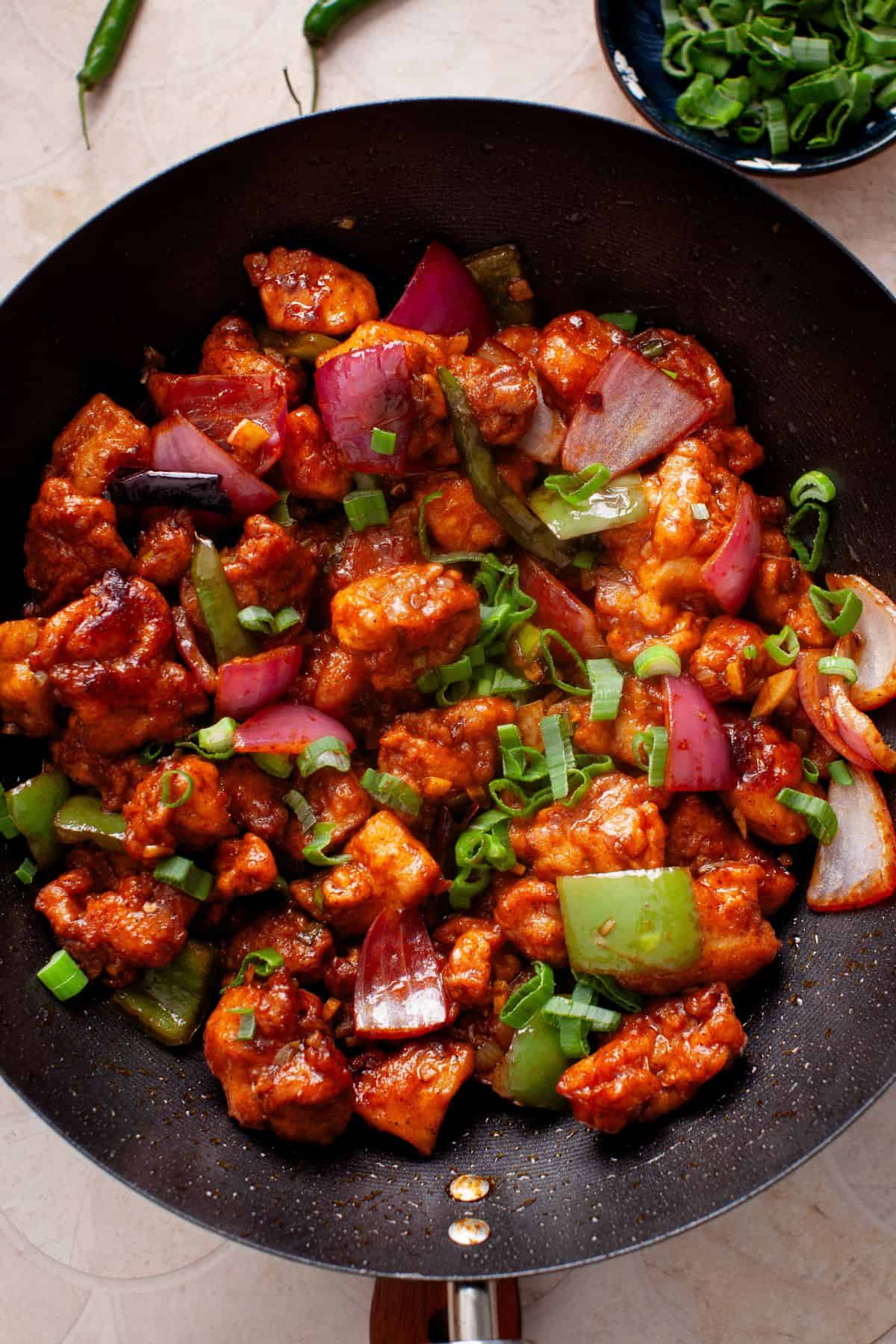 Chilli Chicken in a wok.