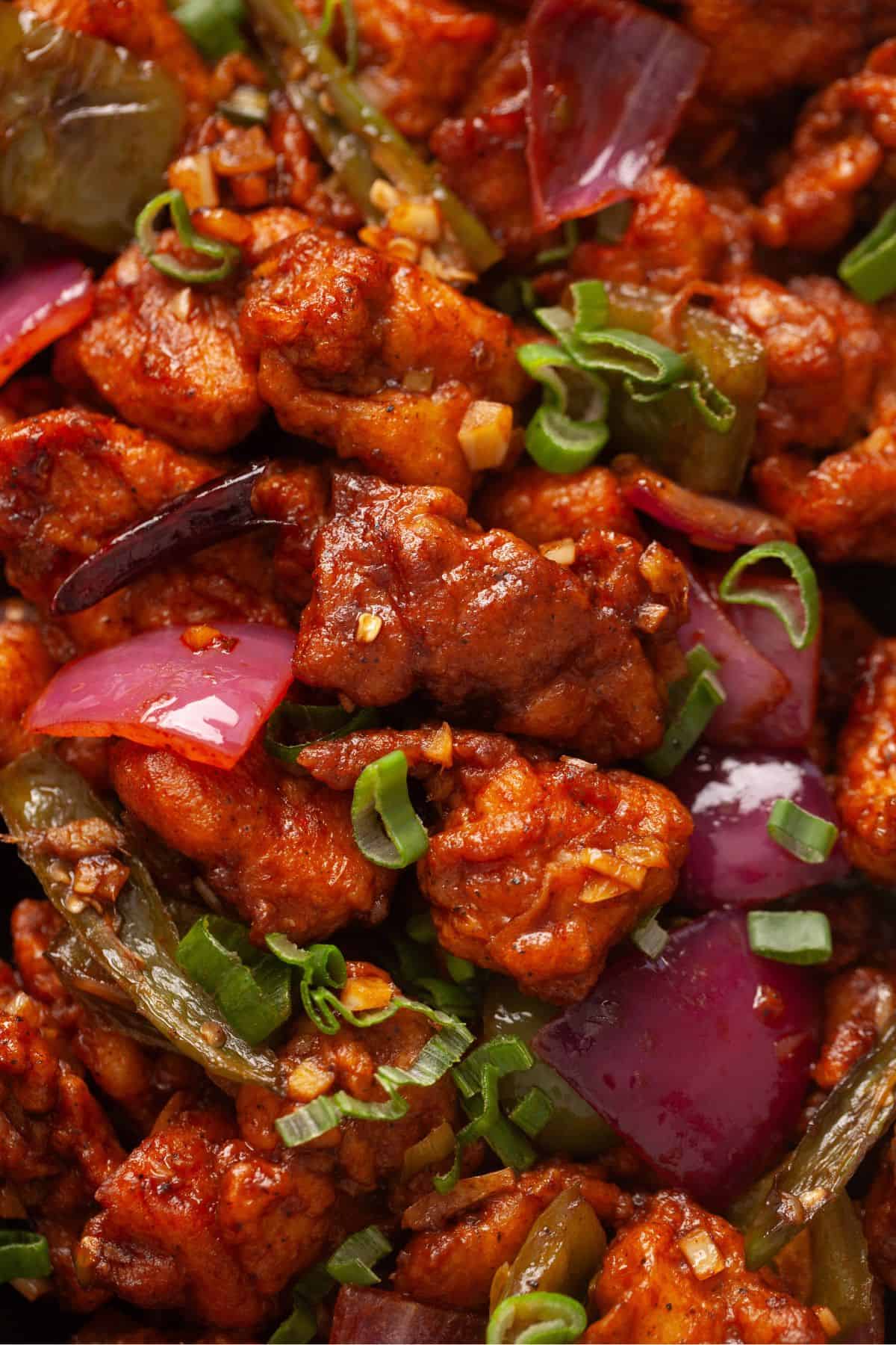 Macro image of chili chicken.