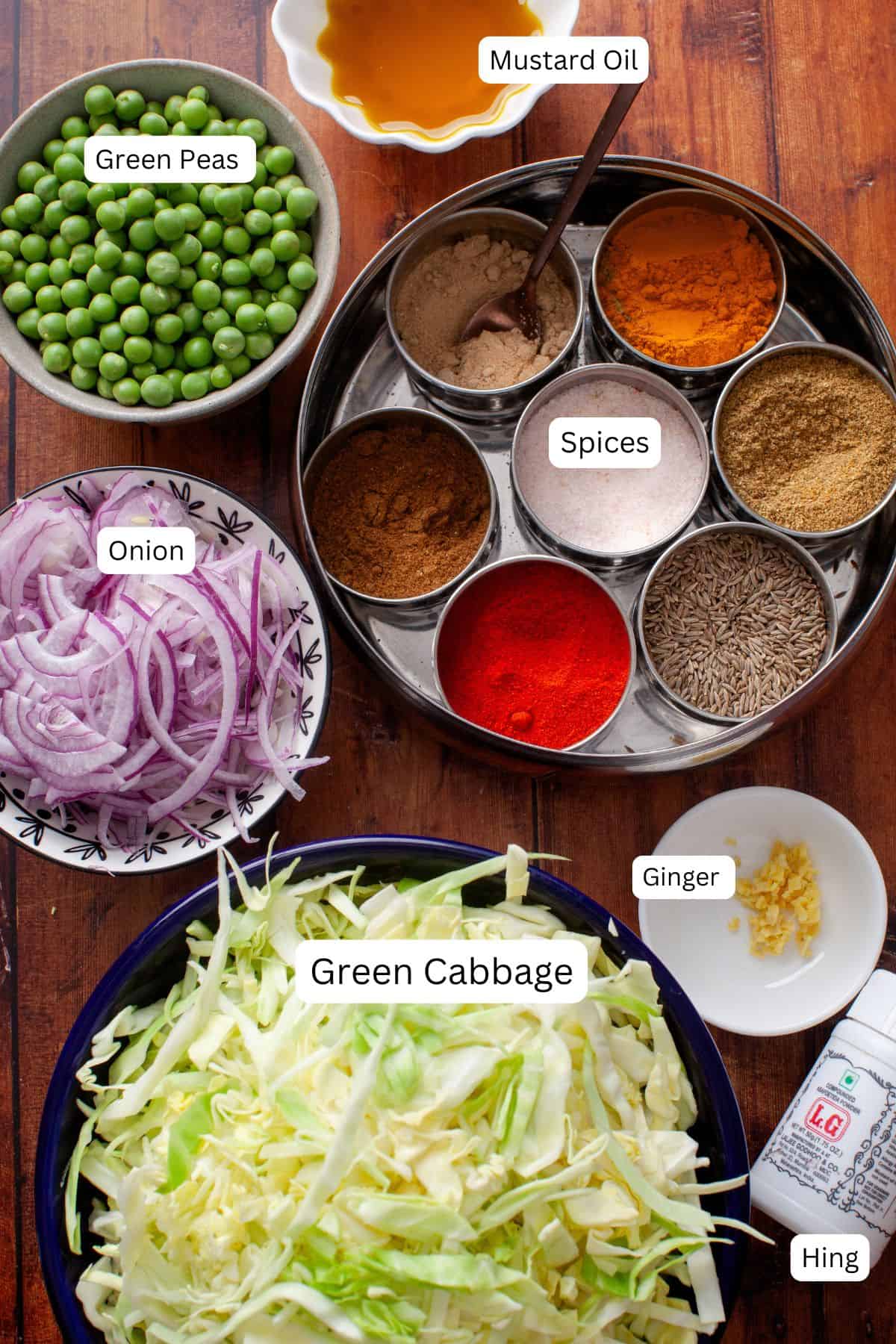 Ingredients needed for cabbage sabzi.