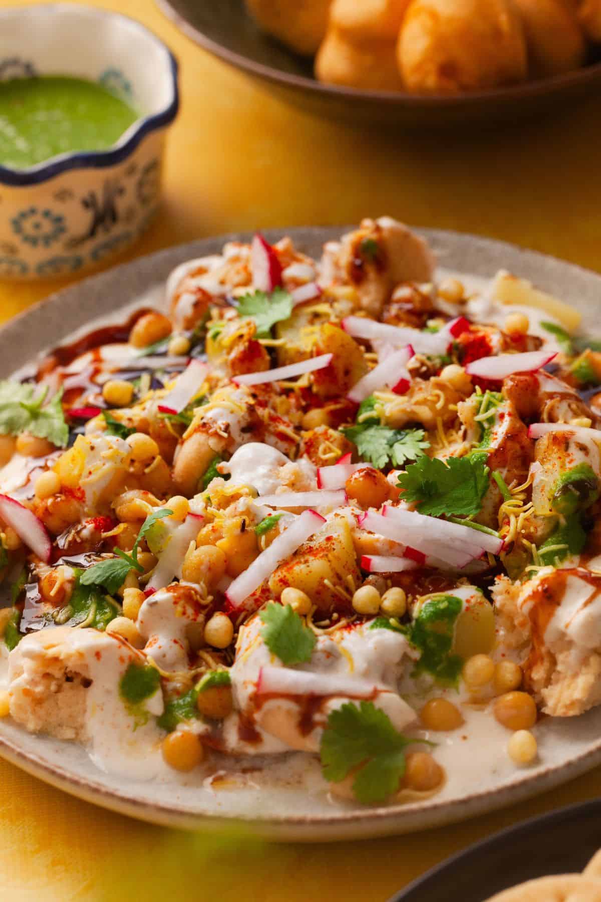 Side closeup of bhalla papdi chaat.