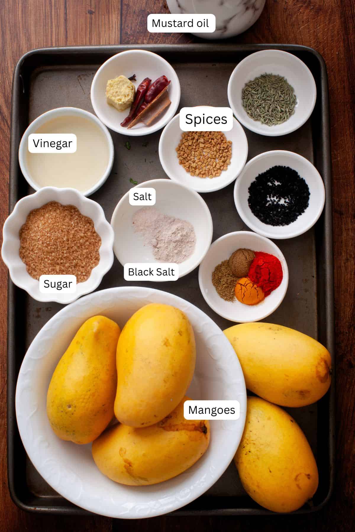 Ingredients needed to make mango chutney.