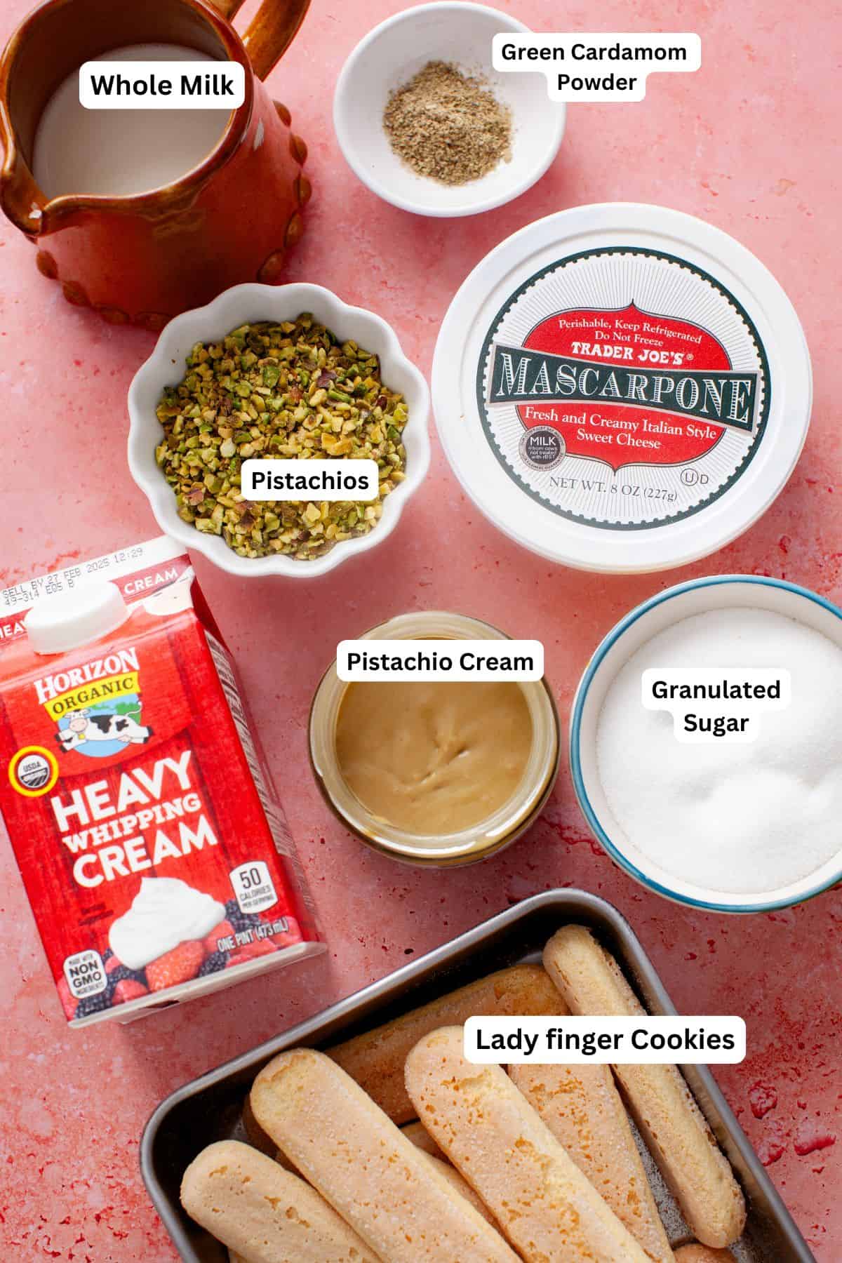 Ingredients needed to make pistachio tiramisu.