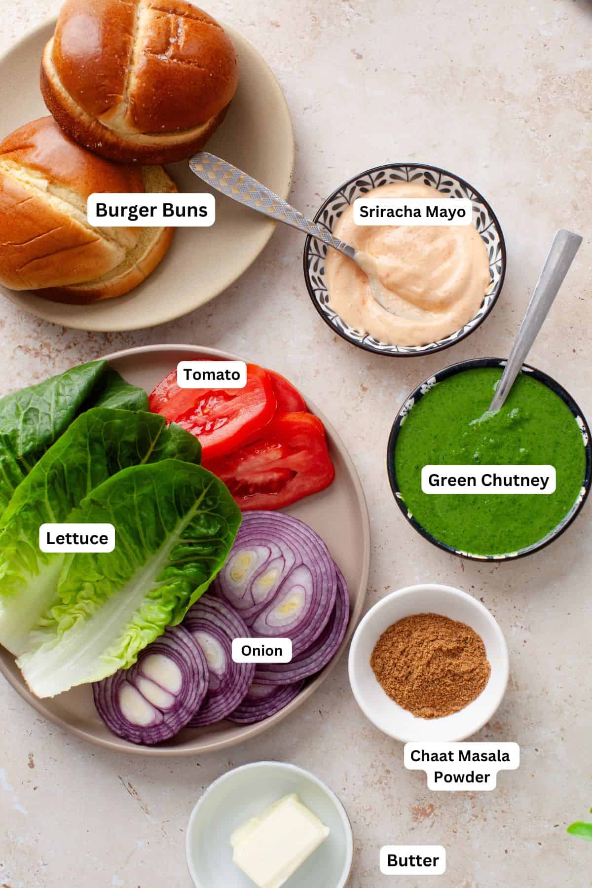 Ingredients for assembling paneer burger.