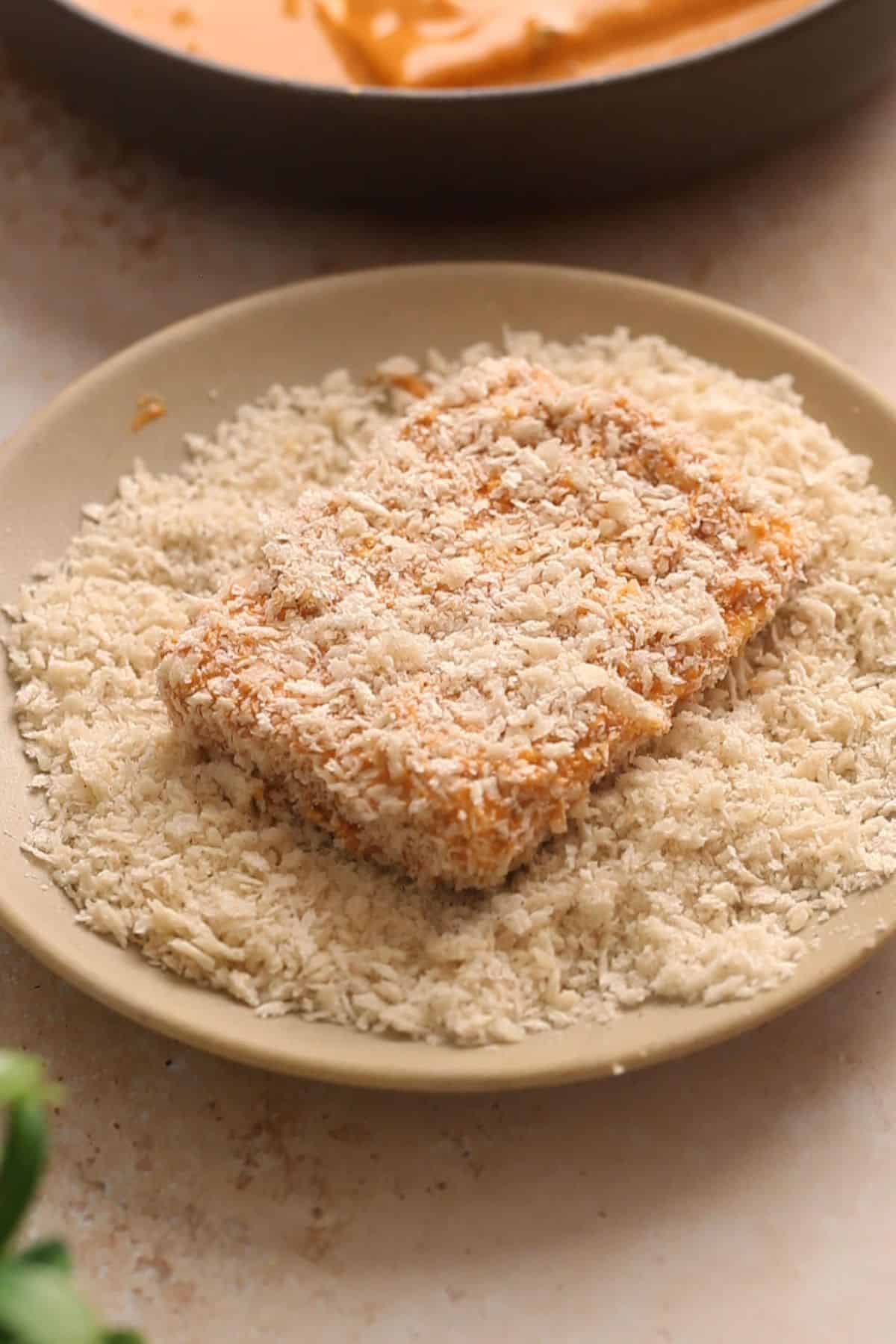 Paneer pieces are breaded in panko breadcrumbs.