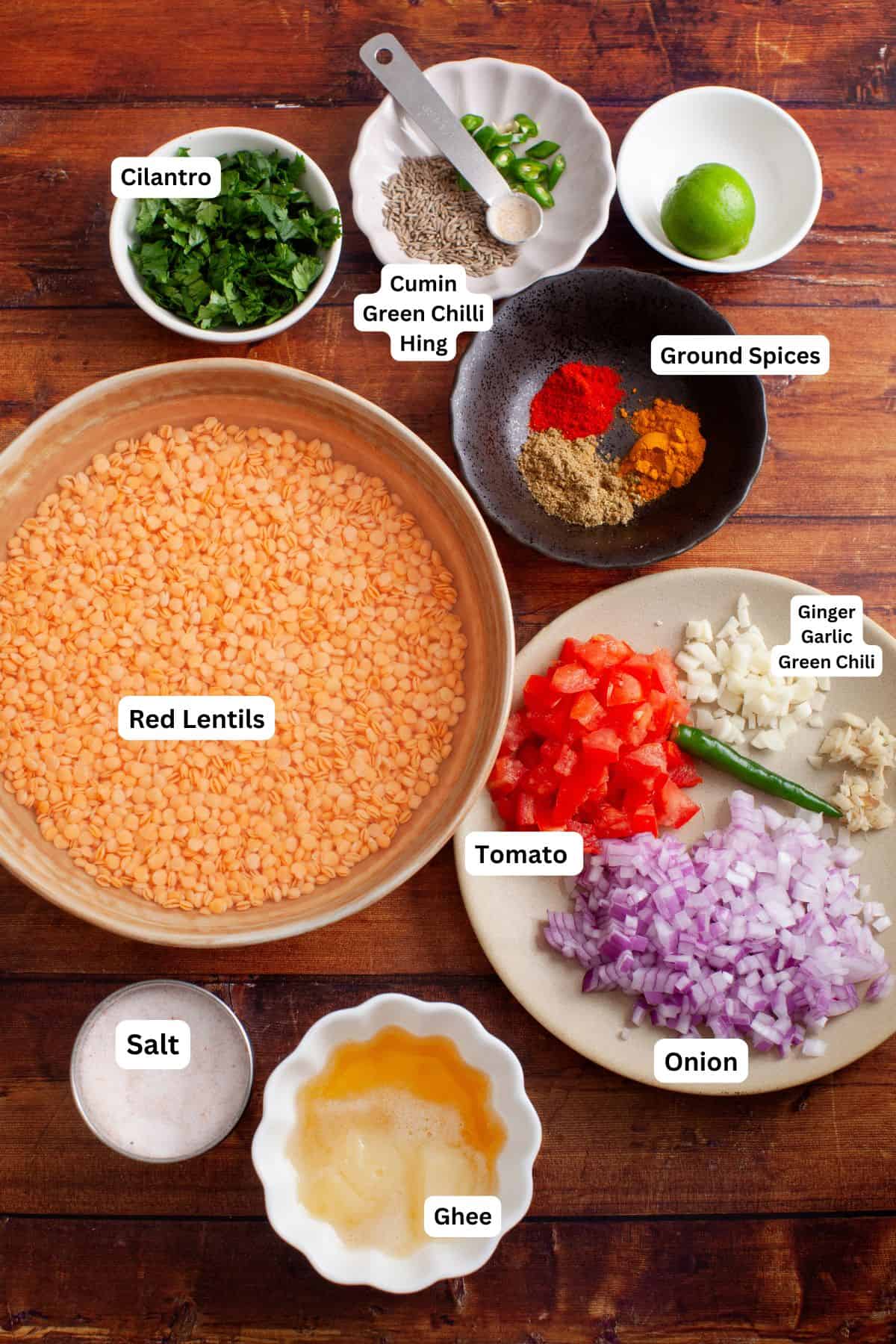 Ingredients needed to make masoor dal recipe.