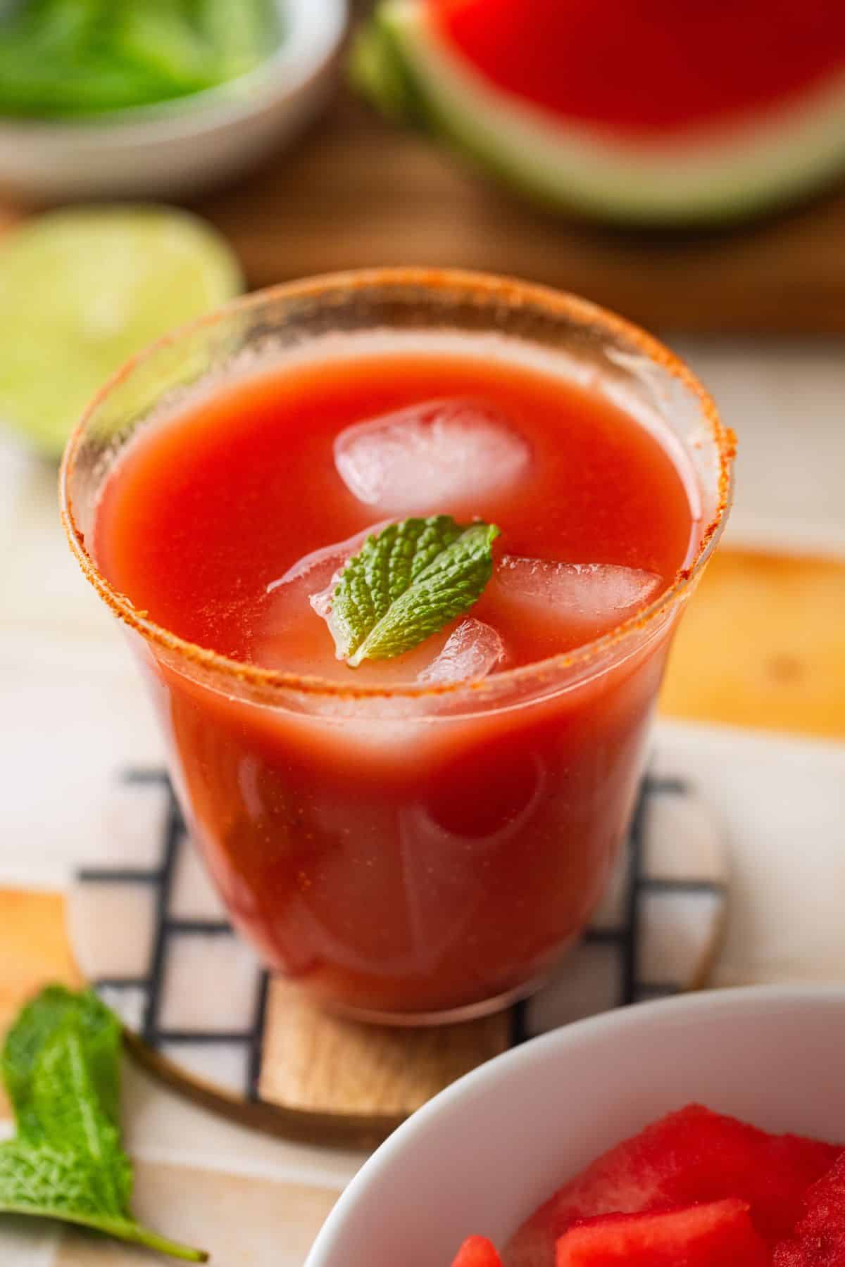 Close up of spiced watermelon drink.