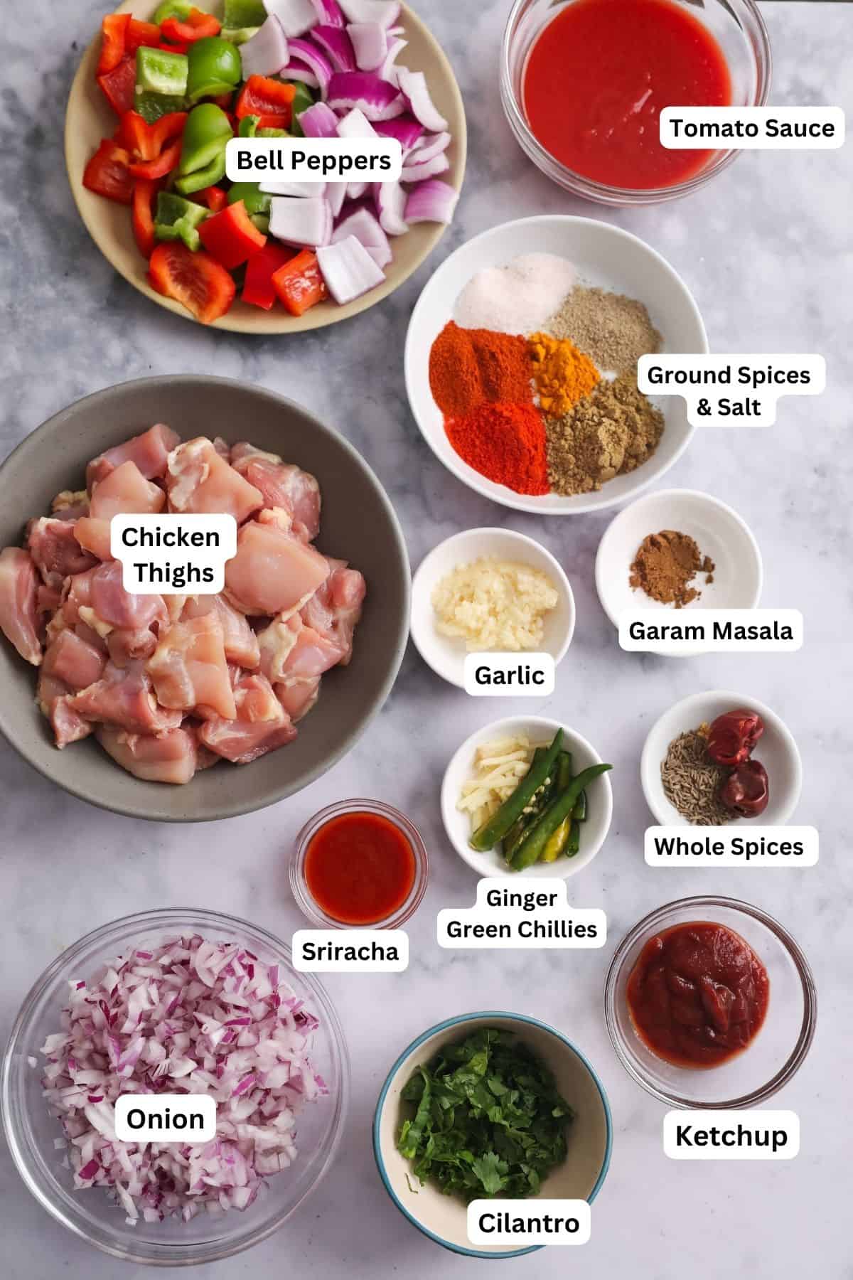 Ingredients for chicken jalfrezi.