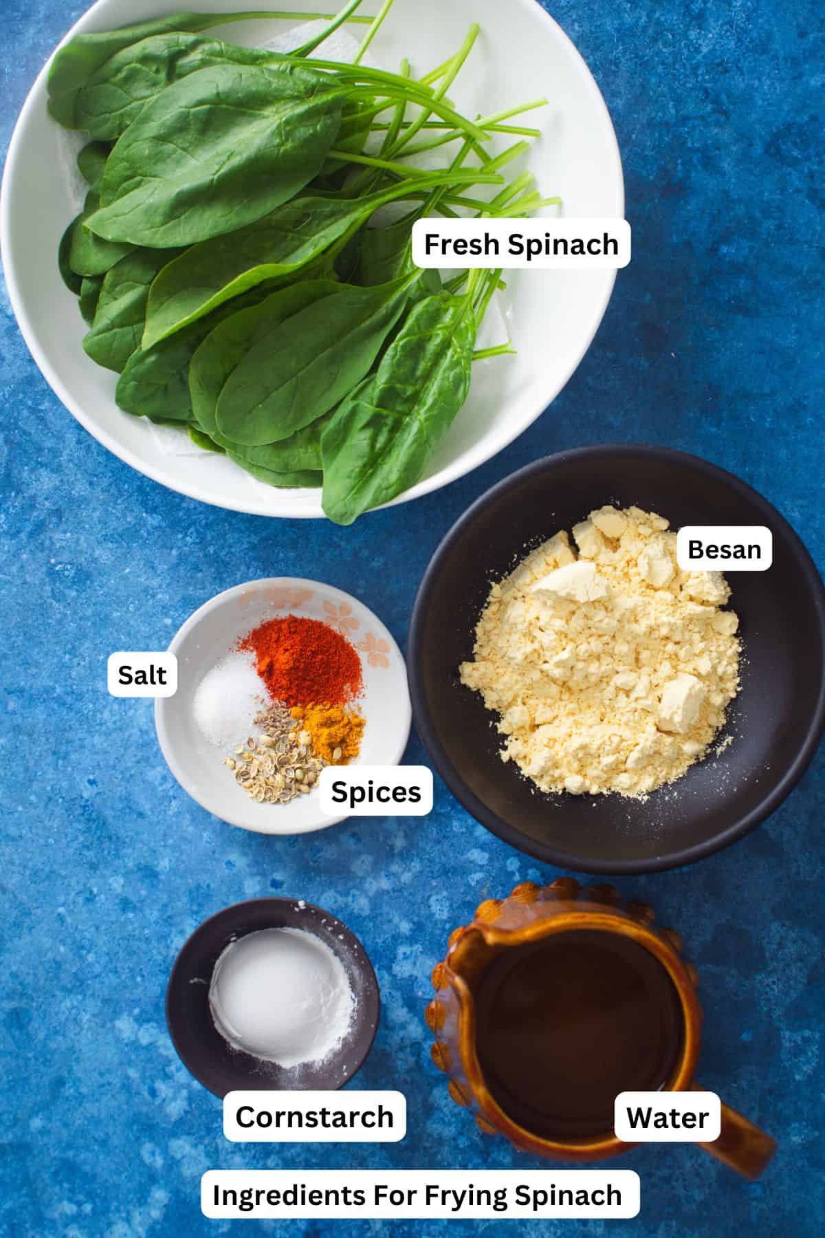 Ingredients need to deep frying spinach leaves.