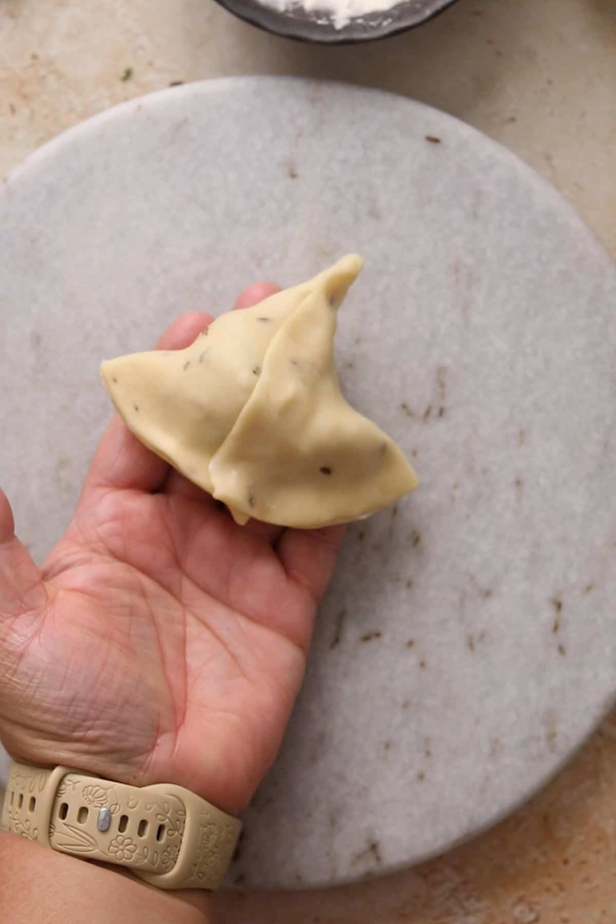 Samosa is shaped and looks like a triangle.