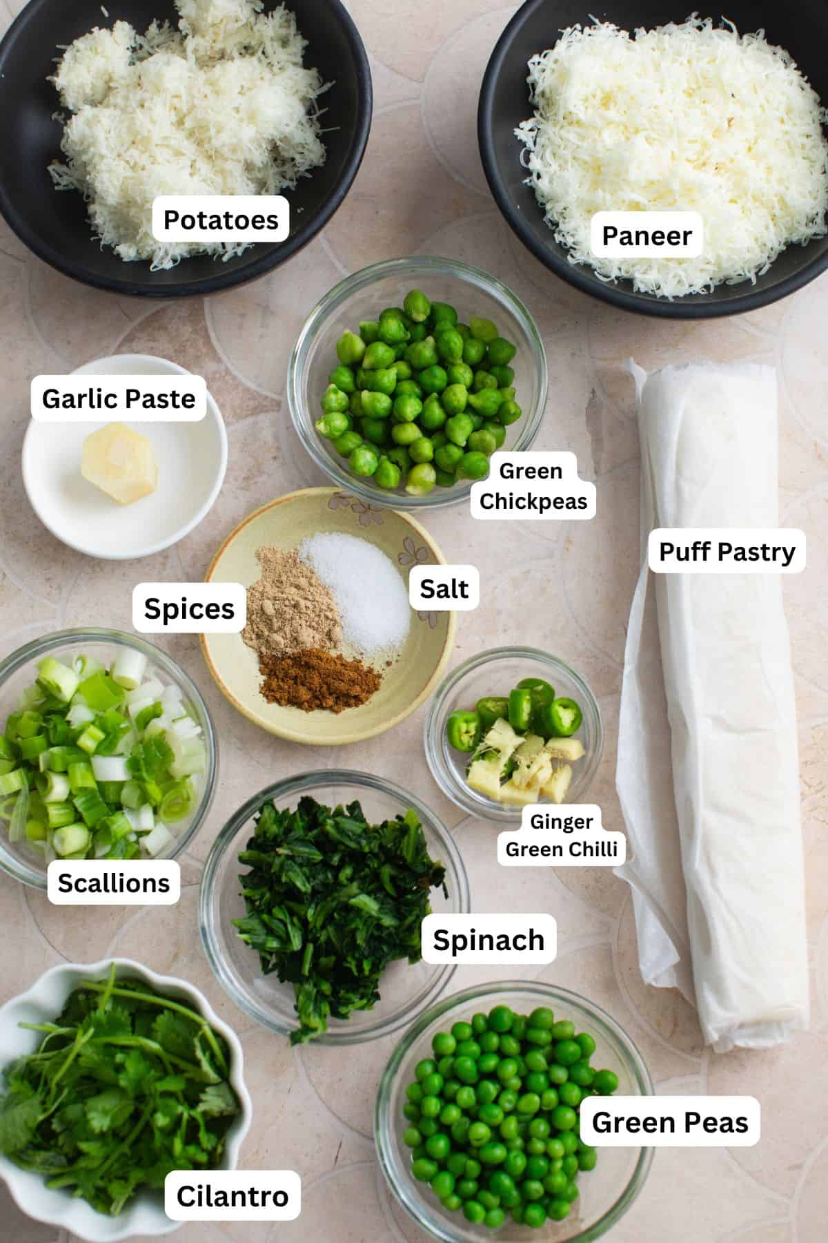 Ingredients needed to make hara bhara pinwheels.