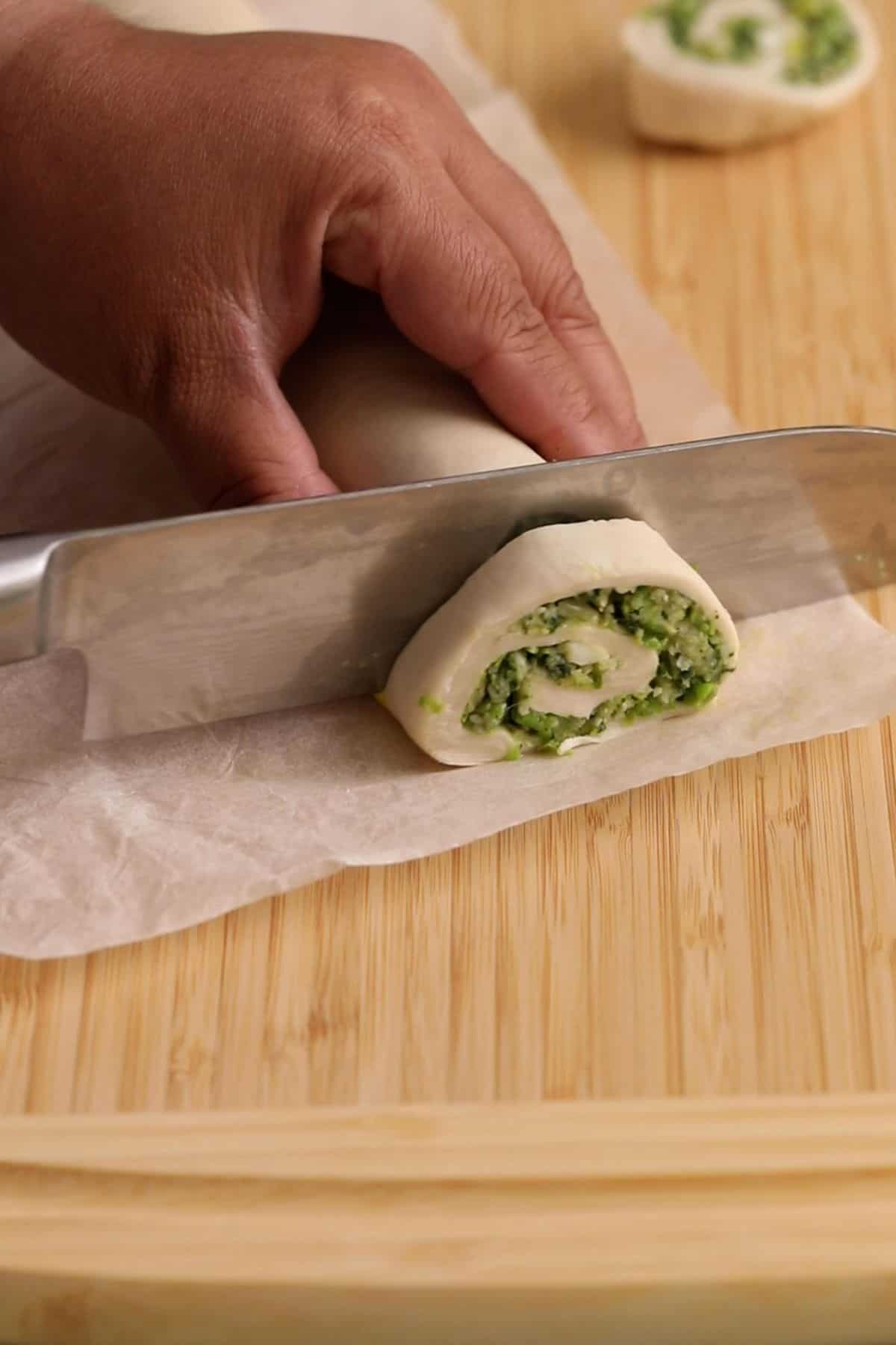 pinwheels are cut using a knife.